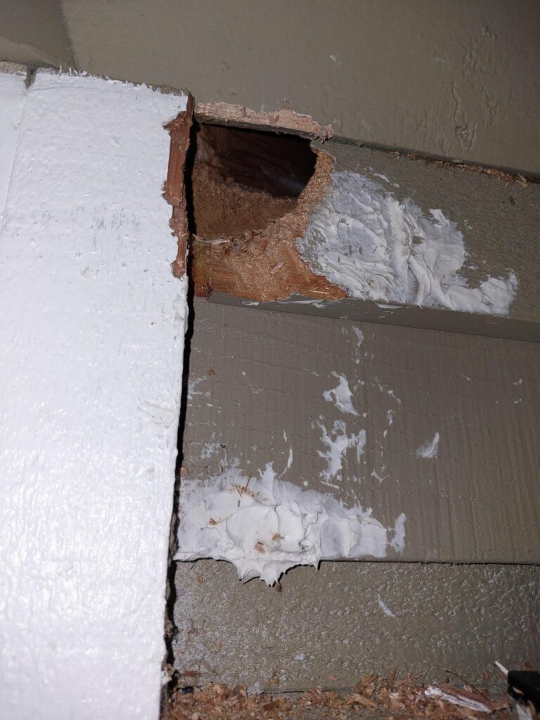 A photo of a large hole in the side of a house, caused by a rodent