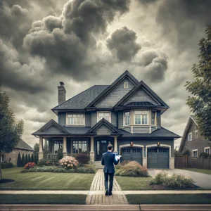 A man holding a clipboard, approaching a house